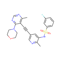Cc1ncc(C#Cc2c(C)ncnc2N2CCOCC2)cc1NS(=O)(=O)c1cccc(F)c1 ZINC000169697480