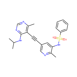 Cc1ncc(C#Cc2c(C)ncnc2NC(C)C)cc1NS(=O)(=O)c1ccccc1 ZINC000169697510