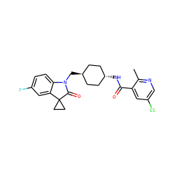 Cc1ncc(Cl)cc1C(=O)N[C@H]1CC[C@H](CN2C(=O)C3(CC3)c3cc(F)ccc32)CC1 ZINC000653666687