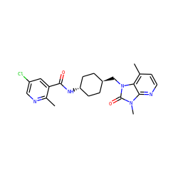 Cc1ncc(Cl)cc1C(=O)N[C@H]1CC[C@H](Cn2c(=O)n(C)c3nccc(C)c32)CC1 ZINC000653684775