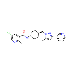 Cc1ncc(Cl)cc1C(=O)N[C@H]1CC[C@H](Cn2nc(-c3cccnc3)cc2C)CC1 ZINC000261094161
