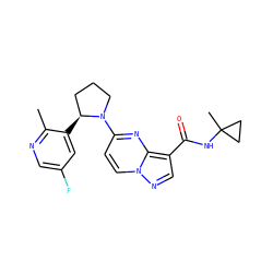 Cc1ncc(F)cc1[C@H]1CCCN1c1ccn2ncc(C(=O)NC3(C)CC3)c2n1 ZINC000169285131