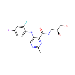 Cc1ncc(Nc2ccc(I)cc2F)c(C(=O)NC[C@H](O)CO)n1 ZINC000169337222