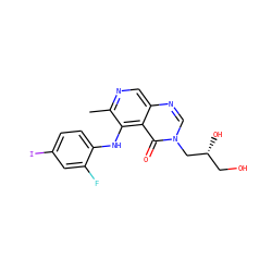 Cc1ncc2ncn(C[C@H](O)CO)c(=O)c2c1Nc1ccc(I)cc1F ZINC000169337240