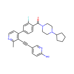 Cc1nccc(-c2ccc(C(=O)N3CCN(C4CCCC4)CC3)c(F)c2)c1C#Cc1ccc(N)nc1 ZINC000202384993