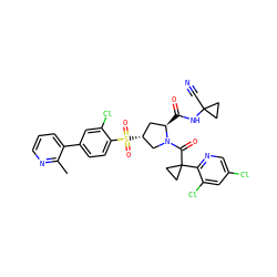 Cc1ncccc1-c1ccc(S(=O)(=O)[C@@H]2C[C@@H](C(=O)NC3(C#N)CC3)N(C(=O)C3(c4ncc(Cl)cc4Cl)CC3)C2)c(Cl)c1 ZINC000211024359