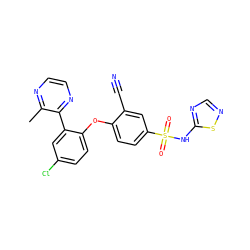 Cc1nccnc1-c1cc(Cl)ccc1Oc1ccc(S(=O)(=O)Nc2ncns2)cc1C#N ZINC000095582251