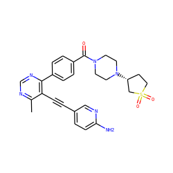 Cc1ncnc(-c2ccc(C(=O)N3CCN([C@@H]4CCS(=O)(=O)C4)CC3)cc2)c1C#Cc1ccc(N)nc1 ZINC000148759098