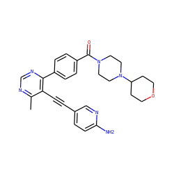 Cc1ncnc(-c2ccc(C(=O)N3CCN(C4CCOCC4)CC3)cc2)c1C#Cc1ccc(N)nc1 ZINC000148596560