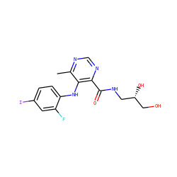 Cc1ncnc(C(=O)NC[C@H](O)CO)c1Nc1ccc(I)cc1F ZINC000169337229