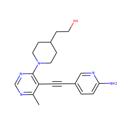 Cc1ncnc(N2CCC(CCO)CC2)c1C#Cc1ccc(N)nc1 ZINC000149219868
