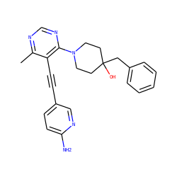 Cc1ncnc(N2CCC(O)(Cc3ccccc3)CC2)c1C#Cc1ccc(N)nc1 ZINC000149231794