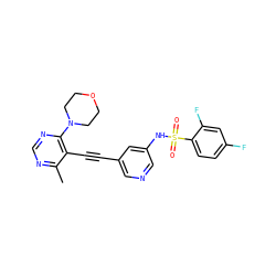 Cc1ncnc(N2CCOCC2)c1C#Cc1cncc(NS(=O)(=O)c2ccc(F)cc2F)c1 ZINC000169697490