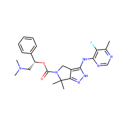 Cc1ncnc(Nc2[nH]nc3c2CN(C(=O)O[C@H](CN(C)C)c2ccccc2)C3(C)C)c1F ZINC000169694382
