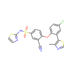 Cc1ncsc1-c1cc(Cl)ccc1Oc1ccc(S(=O)(=O)Nc2nccs2)cc1C#N ZINC000095581605