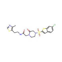 Cc1ncsc1CCNC(=O)CN1CCN(S(=O)(=O)c2cc3ccc(Cl)cc3s2)CC1=O ZINC000029415097