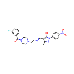 Cc1nn(-c2ccc([N+](=O)[O-])cc2)c(O)c1/C=N/CCN1CCN(C(=O)c2cccc(F)c2)CC1 ZINC000008828689