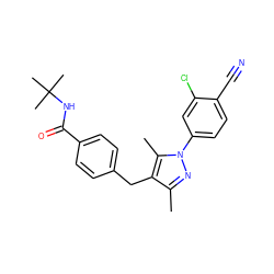 Cc1nn(-c2ccc(C#N)c(Cl)c2)c(C)c1Cc1ccc(C(=O)NC(C)(C)C)cc1 ZINC000073389713