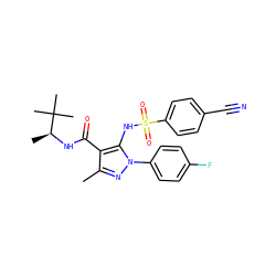 Cc1nn(-c2ccc(F)cc2)c(NS(=O)(=O)c2ccc(C#N)cc2)c1C(=O)N[C@@H](C)C(C)(C)C ZINC000073169348