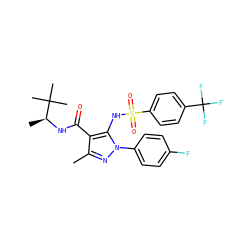 Cc1nn(-c2ccc(F)cc2)c(NS(=O)(=O)c2ccc(C(F)(F)F)cc2)c1C(=O)N[C@@H](C)C(C)(C)C ZINC000073160629