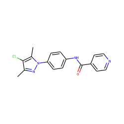 Cc1nn(-c2ccc(NC(=O)c3ccncc3)cc2)c(C)c1Cl ZINC000012507396