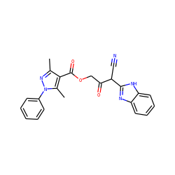 Cc1nn(-c2ccccc2)c(C)c1C(=O)OCC(=O)C(C#N)c1nc2ccccc2[nH]1 ZINC000101632343