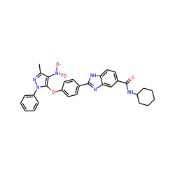 Cc1nn(-c2ccccc2)c(Oc2ccc(-c3nc4cc(C(=O)NC5CCCCC5)ccc4[nH]3)cc2)c1[N+](=O)[O-] ZINC001772588005
