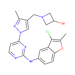 Cc1nn(-c2ccnc(Nc3ccc4oc(C)c(Cl)c4c3)n2)cc1CN1CC(O)C1 ZINC000169709016