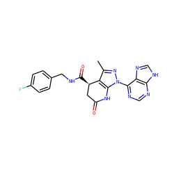 Cc1nn(-c2ncnc3[nH]cnc23)c2c1[C@H](C(=O)NCc1ccc(F)cc1)CC(=O)N2 ZINC001772657611