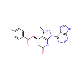 Cc1nn(-c2ncnc3[nH]cnc23)c2c1[C@H](OC(=O)c1ccc(F)cc1)CC(=O)N2 ZINC001772637439