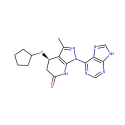 Cc1nn(-c2ncnc3[nH]cnc23)c2c1[C@H](OC1CCCC1)CC(=O)N2 ZINC001772651291