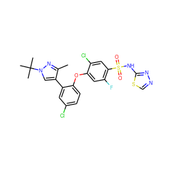 Cc1nn(C(C)(C)C)cc1-c1cc(Cl)ccc1Oc1cc(F)c(S(=O)(=O)Nc2nncs2)cc1Cl ZINC000095583502