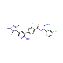 Cc1nn(C)c(C)c1-c1cnc(N)c(-c2ccc(C(=O)N[C@H](CN)c3cccc(Cl)c3)c(F)c2)c1 ZINC001772644483