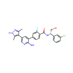 Cc1nn(C)c(C)c1-c1cnc(N)c(-c2ccc(C(=O)N[C@H](CO)c3cccc(Cl)c3)c(F)c2)c1 ZINC001772655996