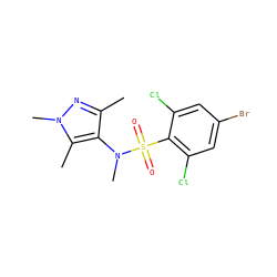 Cc1nn(C)c(C)c1N(C)S(=O)(=O)c1c(Cl)cc(Br)cc1Cl ZINC000117315435