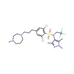 Cc1nn(C)c(C)c1N(CC(F)(F)F)S(=O)(=O)c1c(Cl)cc(CCCN2CCCN(C)CC2)cc1Cl ZINC000199935877