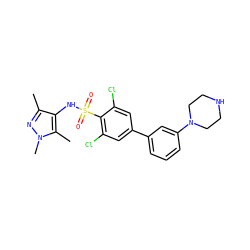 Cc1nn(C)c(C)c1NS(=O)(=O)c1c(Cl)cc(-c2cccc(N3CCNCC3)c2)cc1Cl ZINC000199944397
