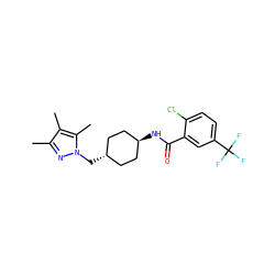 Cc1nn(C[C@H]2CC[C@H](NC(=O)c3cc(C(F)(F)F)ccc3Cl)CC2)c(C)c1C ZINC000261087713