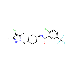 Cc1nn(C[C@H]2CC[C@H](NC(=O)c3cc(C(F)(F)F)ccc3Cl)CC2)c(C)c1Cl ZINC000261158150