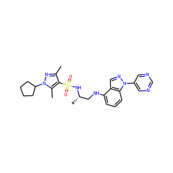 Cc1nn(C2CCCC2)c(C)c1S(=O)(=O)N[C@@H](C)CNc1cccc2c1cnn2-c1cncnc1 ZINC000137422204