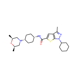Cc1nn(C2CCCCC2)c2sc(C(=O)N[C@H]3CC[C@@H](N4C[C@H](C)O[C@H](C)C4)CC3)cc12 ZINC000114765087
