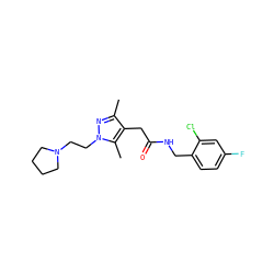 Cc1nn(CCN2CCCC2)c(C)c1CC(=O)NCc1ccc(F)cc1Cl ZINC000095565092