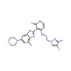 Cc1nn(CCNc2cc[nH]c(=O)c2-c2nc3c(C)cc(N4CCOCC4)cc3[nH]2)cc1Cl ZINC000029040961