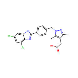 Cc1nn(Cc2ccc(-c3nc4c(Cl)cc(Cl)cc4[nH]3)cc2)c(C)c1CC(=O)O ZINC001772580747