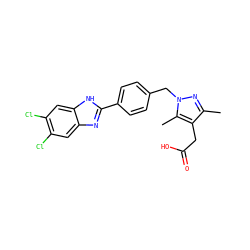 Cc1nn(Cc2ccc(-c3nc4cc(Cl)c(Cl)cc4[nH]3)cc2)c(C)c1CC(=O)O ZINC001772652720