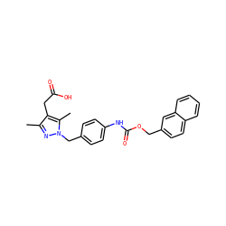 Cc1nn(Cc2ccc(NC(=O)OCc3ccc4ccccc4c3)cc2)c(C)c1CC(=O)O ZINC000169704008