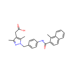 Cc1nn(Cc2ccc(NC(=O)c3ccc4ccccc4c3C)cc2)c(C)c1CC(=O)O ZINC000169703995