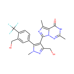 Cc1nn2c(-c3c(CO)nn(C)c3-c3ccc(C(F)(F)F)c(CO)c3)nc(C)c2c(=O)[nH]1 ZINC001772627801