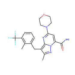 Cc1nn2c(C(N)=O)cc(N3CCOCC3)nc2c1Cc1cccc(C(F)(F)F)c1C ZINC000095581742