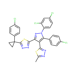 Cc1nnc(-c2c(-c3nnc(C4(c5ccc(Cl)cc5)CC4)s3)nn(-c3ccc(Cl)cc3Cl)c2-c2ccc(Cl)cc2)s1 ZINC000049694890